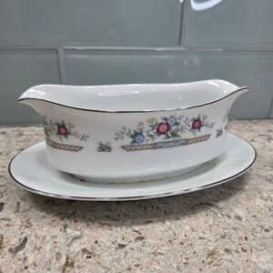 Vintage IMOCO Stratford Gravy Boat Underplate Pink Blue Floral Silver Trim